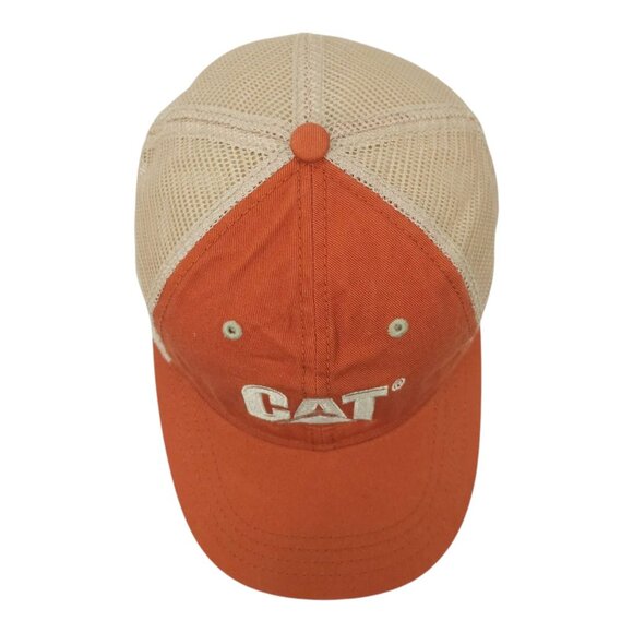CAT Equipment Embroidered Mesh Strapback Cap Trucker Baseball Hat Orange Tan - Picture 6 of 14